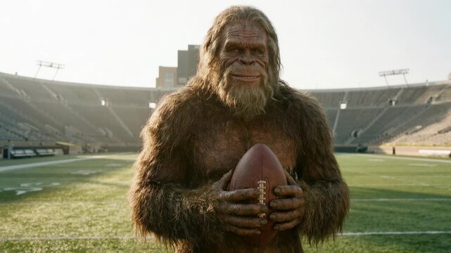 Furry giant figure grips football at center of vast arena surrounded by cheering fans merging imagination with athletic competition and stadium lights
