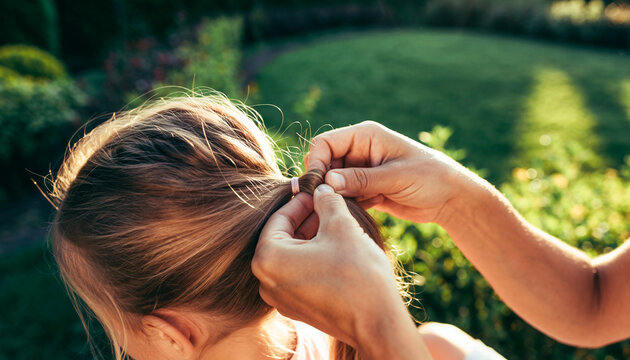 Adult hands braiding young girl's hair in lush sunlit garden during golden hour