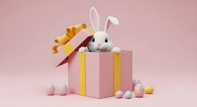 Easter sunday gift ideas white bunny in pink gift box with eggs