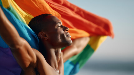 Young black man holding rainbow pride flag in golden sunlight, celebrating LGBTQ freedom and equality.