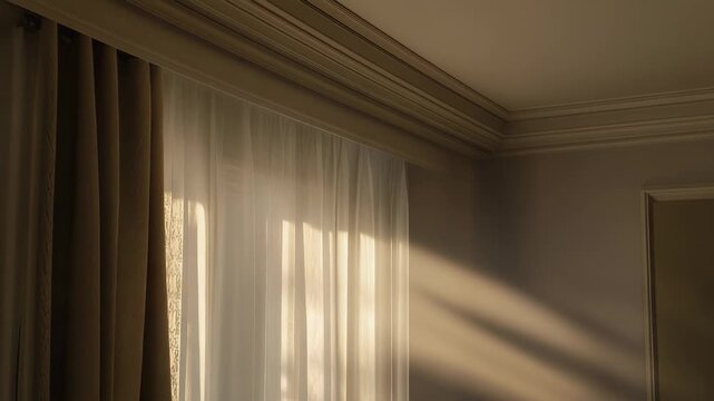 Warm sunlight pours through sheer curtains, casting long soft shadows across a classic cornice and cozy interior, creating a serene, warm, homey morning atmosphere
