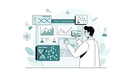 Scientist Analyzing Data on Digital Project Dashboard with DNA and Molecules