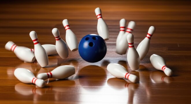 Bowling Strike - Pins and Ball in Action.