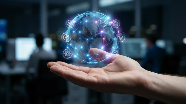 Digital globe with technical icons floating above hand representing online digital support service technical maintenance automation workflow network connection technology data communication interface