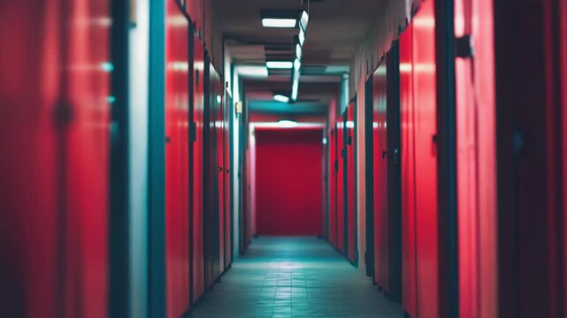Dark futuristic corridor creating a liminal space, featuring symmetrical red doors and cyan reflections on polished surfaces, illuminated by dim overhead lighting