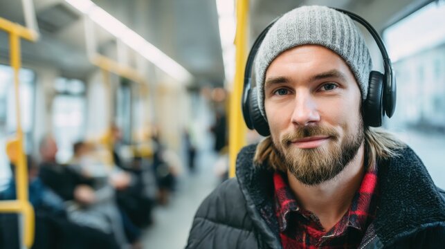 portrait of stylish urban man wearing wireless headphones in bright modern subway carriage, clean interior, natural light, confident calm expression