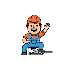 Friendly Cartoon Construction Worker Waving While Operating a Lift on Isolated White Background