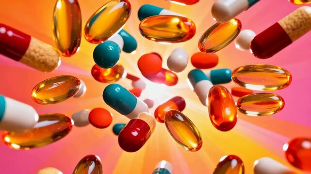 Colorful capsule transparent medicine pill supplement health vitamin pharmaceutical drug softgel floating bright orange pink background close up