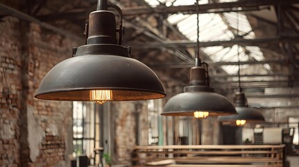 Industrial loft interior, brick walls, large metal lamps, blurred background