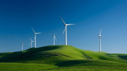 Green energy concept, wind turbines on a lush hill, clear blue sky