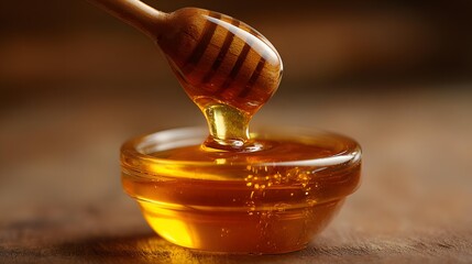 Honey dripping from a wooden dipper, golden amber light, macro detail