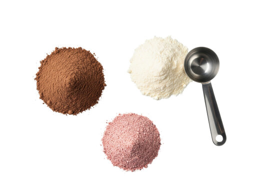 Chocolate, vanilla, and berry protein powder supplement piles with a scoop, top-down flat lay on a white background. Concept of sports nutrition