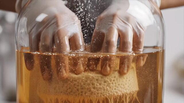 Close-up of Hands in Gloves Gently Handling a SCOBY Culture in Fermenting Liquid Inside a Large Glass Jar