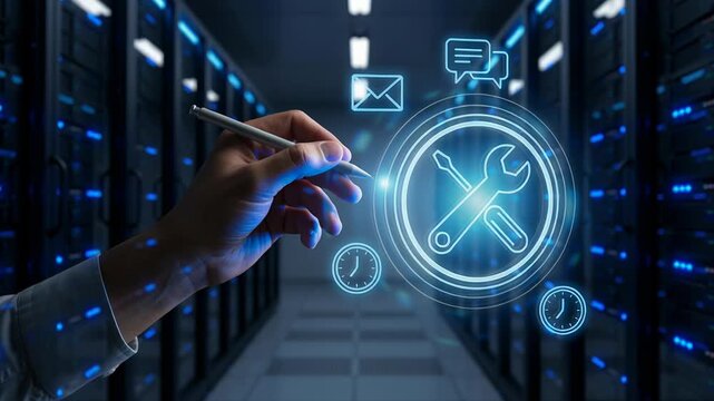 Digital technical support service maintenance workflow online automation concept with hand holding wrench screwdriver icons pointing virtual tools in data center room