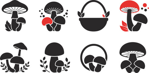 Forest mushrooms and harvesting basket set with different fungus shapes, wild mushrooms and wooden basket on white background. © MDTAREK