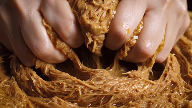 Close up of hands processing a unique fermented food substance with a glistening texture and golden hues, showcasing