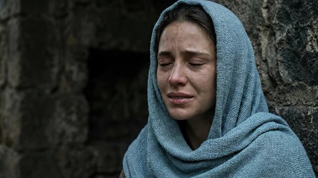 Portrait of the Virgin Mary wearing a blue headscarf crying tears of deep sorrow and grief against a stone wall mourning the suffering and passion of Jesus