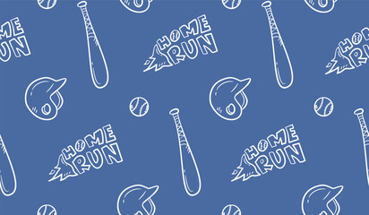 Baseball doodle background. Baseball equipment pattern background. Cute baseball seamless pattern for kids. Softball Sport hand drawn seamless pattern with bat, helmet, home run, ball.