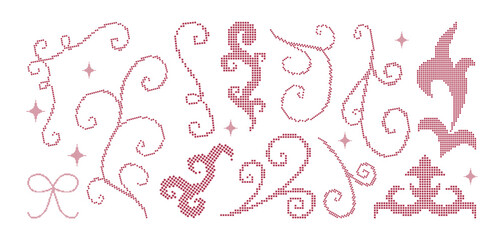Vintage pixel lace flourishes, swirls, scrolls and corners. Decorative embroidery stitched elements. Elegant vector silhouettes for card, poster, wedding invitation design © Olga