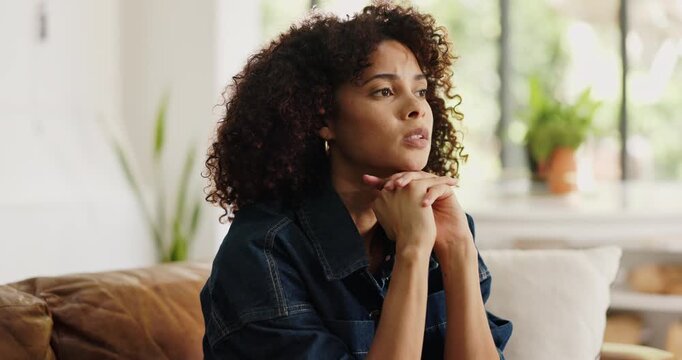 Thinking, woman and worry with anxiety at house for vision, overwhelmed and financial crisis. Thoughts, female person and concern with reflection, regret decision and overthinking for bankruptcy risk