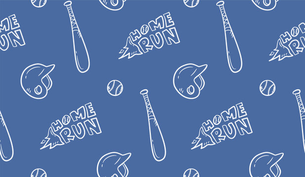 Baseball doodle background. Baseball equipment pattern background. Cute baseball seamless pattern for kids. Softball Sport hand drawn seamless pattern with bat, helmet, home run, ball.