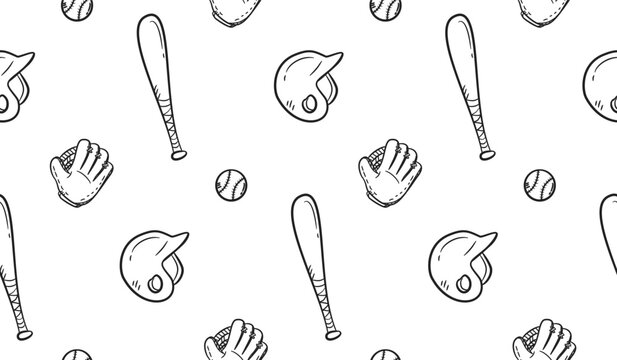 Baseball doodle background. Baseball equipment pattern background. Cute baseball seamless pattern for kids. Softball Sport hand drawn seamless pattern with bat, helmet, glove, ball.
