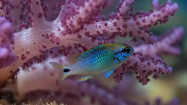 Blue Green Fish Swimming Near Coral Reef.
