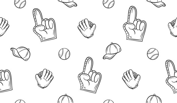 Baseball doodle background. Baseball equipment pattern background. Cute baseball seamless pattern for kids. Softball Sport hand drawn seamless pattern with cap, supporter, glove,  ball.