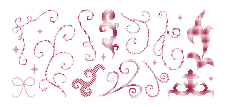 Vintage pixel lace flourishes, swirls, scrolls and corners. Decorative embroidery stitched elements. Elegant vector silhouettes for card, poster, wedding invitation design