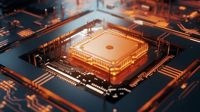 Central processing unit providing digital data processing on a futuristic illuminated motherboard, symbolizing advanced technology, artificial intelligence, and network connections