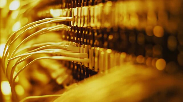 Yellow ethernet cables illuminating with a warm glow, connecting within a busy server rack, creating a network infrastructure and ensuring continuous connectivity for data transmission