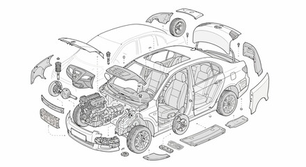 Fototapeta premium Automotive engineering detailed diagram of car parts and assembly
