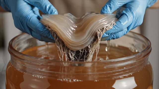 Hands in Blue Gloves Handling SCOBY Symbiotic Culture of Bacteria and Yeast in Fermented Tea