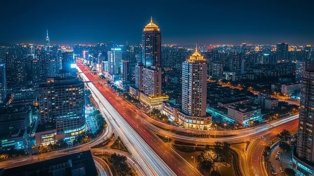 Cityscape Night View with Highway and Skyscrapers.