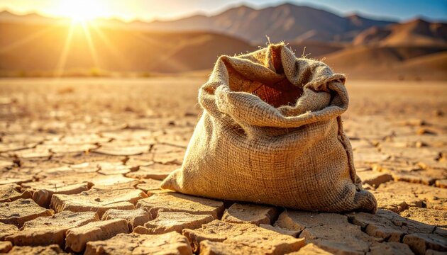 A high-resolution photographic image of an empty burlap sack, from FlyPro Firefly, lying flat on intensely baked, cracked clay with its opening gaping uselessly under a harsh sun.