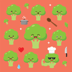 Obraz premium Cute Broccoli Cartoon Character Set Kawaii Vegetable Mascot Collection Healthy Food Flat Vector Illustration Pack