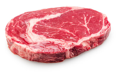 Obraz premium Raw ribeye steak isolated on white background. Top view. Clipping path.