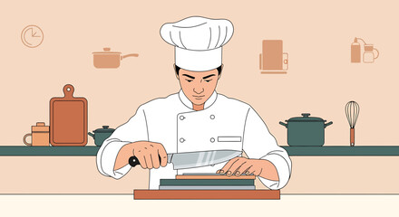 Chef Sharpening Knife in Kitchen with Utensils Background