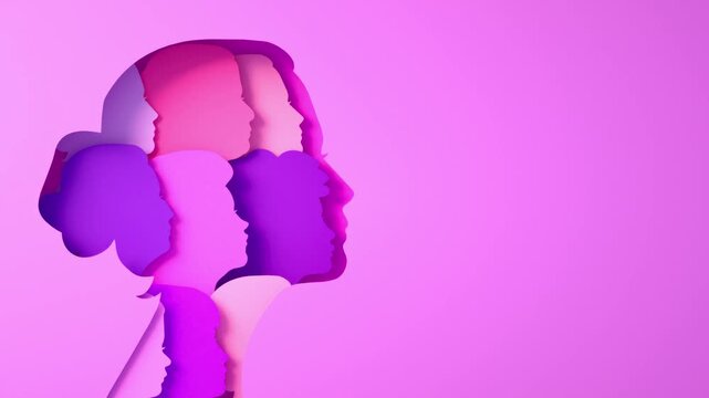 Women's Day looping video with silhouettes of multicultural women's faces in paper cut and copy space, 3D animation. Females for feminism, empowerment, activism for women rights