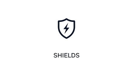 Naklejka premium Minimalist black shield icon with a lightning bolt symbol inside and text shields below isolated on a white background for a digital interface or security concept