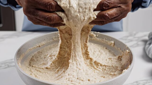 Hands Kneading Light Brown Sourdough Bread Dough Over a Ceramic Bowl in a Bright Kitchen with Natural Lighting