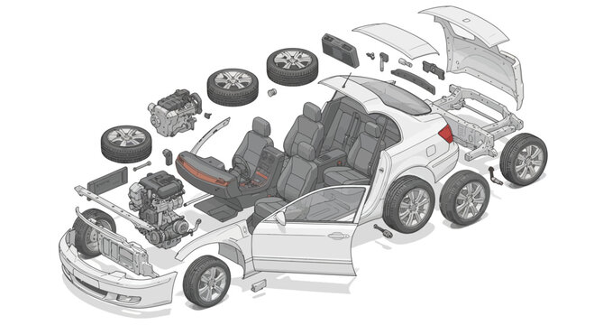 Automotive disassembly exploded view illustration of a modern car