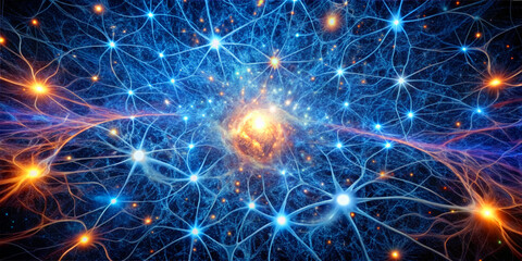 Fototapeta premium Bright colors and light connect in a cosmic scene. This area shows a mix of blue and orange lights with many links. The setting resembles a vast network in space during a star-filled moment