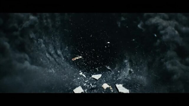 Clock shattering in slow motion against a dark dramatic background