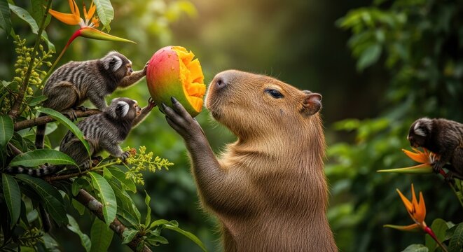 Capybara and marmosets share mango in lush jungle rainforest