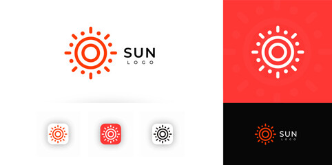 Fototapeta premium Sun Logo Summer Sunrise Sunset Icon in Line Boho Style. Modern Nature Circle Sunshine Light Symbol, Sunlight Sign. Sunny Morning Label Emblem for Travel Design. Vector Logotype