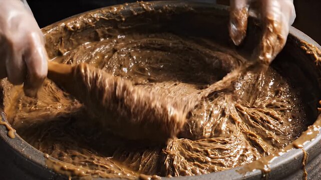 Traditional Fermentation Process of Miso Paste in a Large Ceramic Jar with Hands Mixing Ingredients
