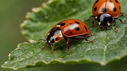 Fototapeta premium Ladybugs Ladybirds Coleoptera Coccinellidae Close-Up, Vibrant Red Beetle Insect, Macro Nature Photography, Beneficial Garden Predator, Entomology Concept