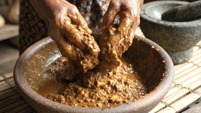 Traditional Fermented Food Preparation Hands Kneading Miso Paste in Rustic Clay Bowl with Stone Mortar in Background