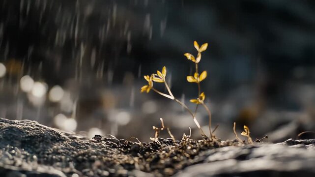 Young plant sprout emerging from dry cracked soil, revitalizing with life giving rain falling from above, symbolizing nature's resilience, hope, and new beginnings